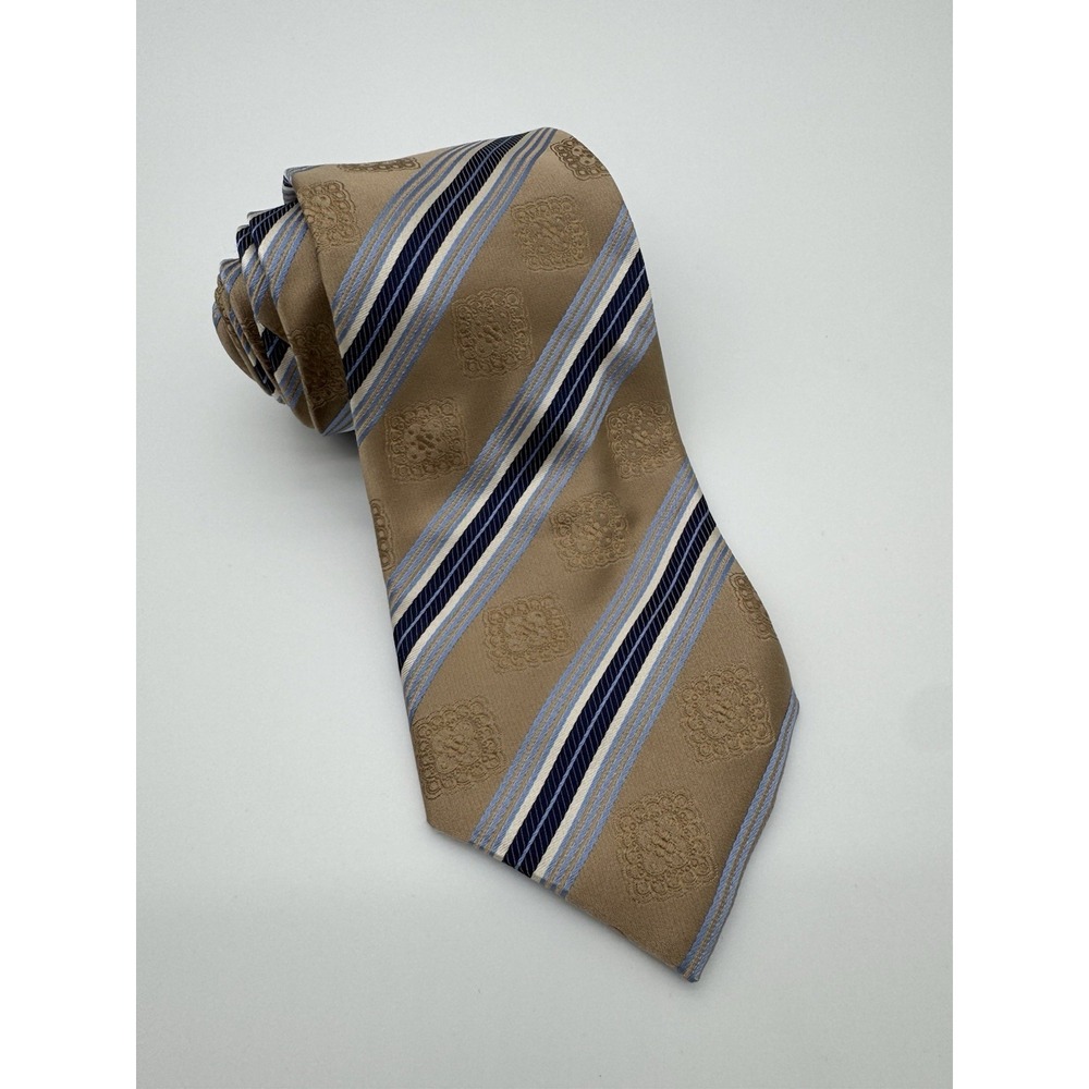 Canali Silk Tie Gold Gray Blue Striped Medallion Italy Luxury Designer Necktie
